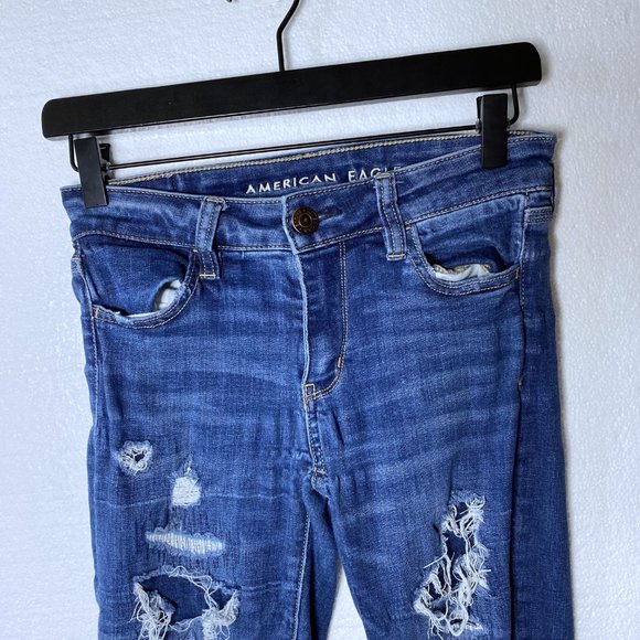American Eagle Womens Size 0 Ripped Distressed Jeggings Jeans Stretchy Dark Wash - Picture 3 of 11